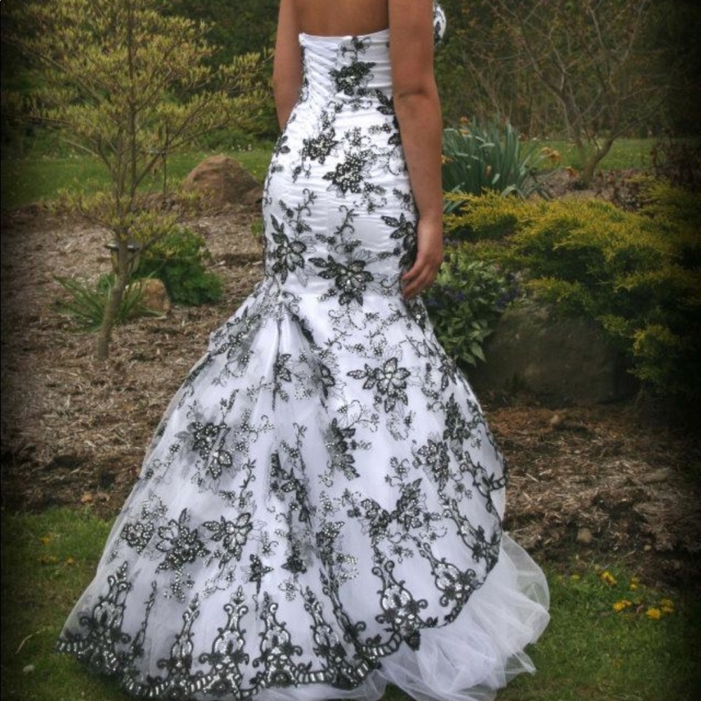 Black and white lace ball gown